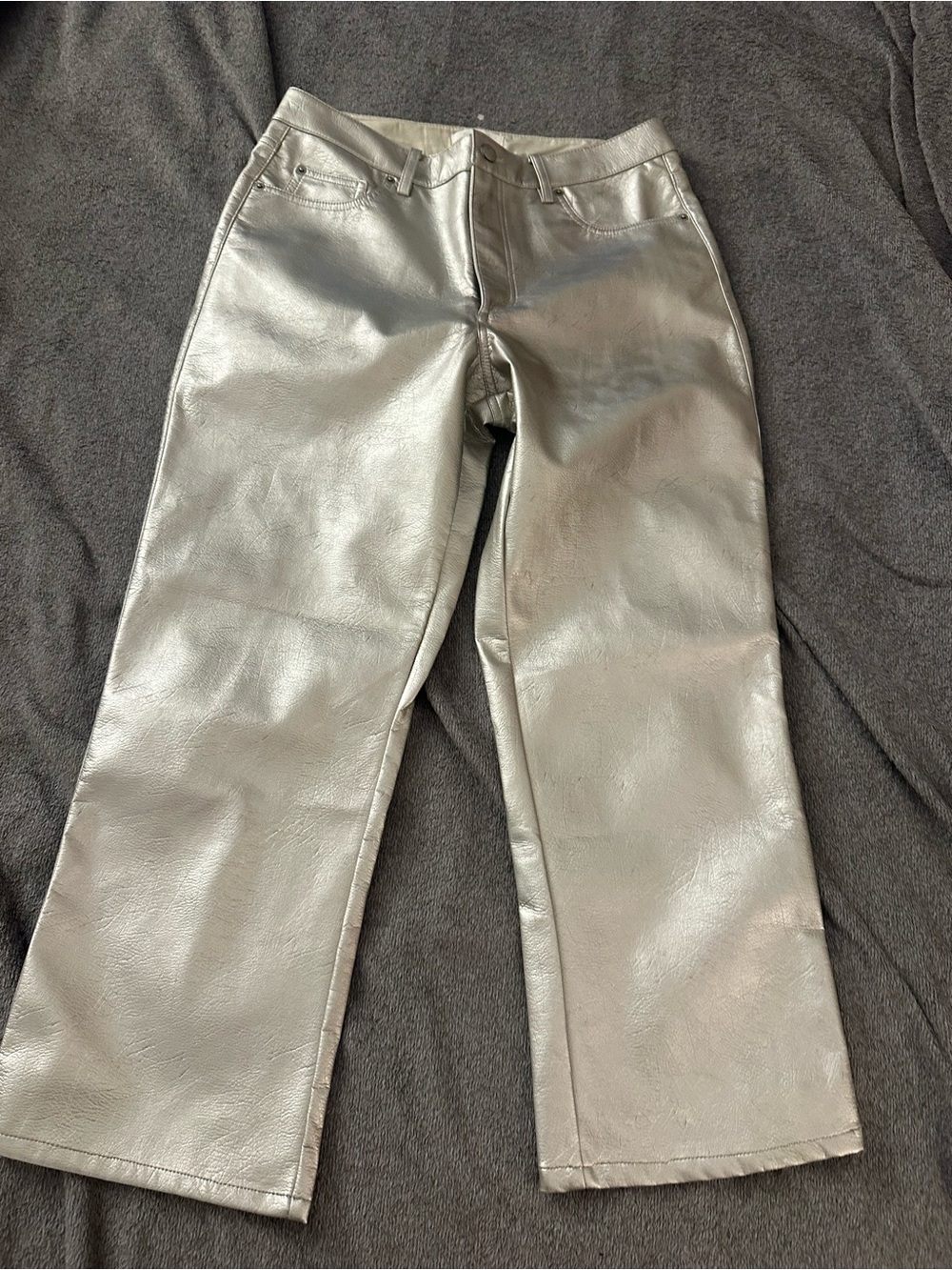 H&M Metallic Silver Cropped vegan leather Straight-Leg Pants